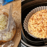 Hij doet oud stokbrood, kaas, ui, hamblokjes en melk in een zak en maakt iets heerlijks!