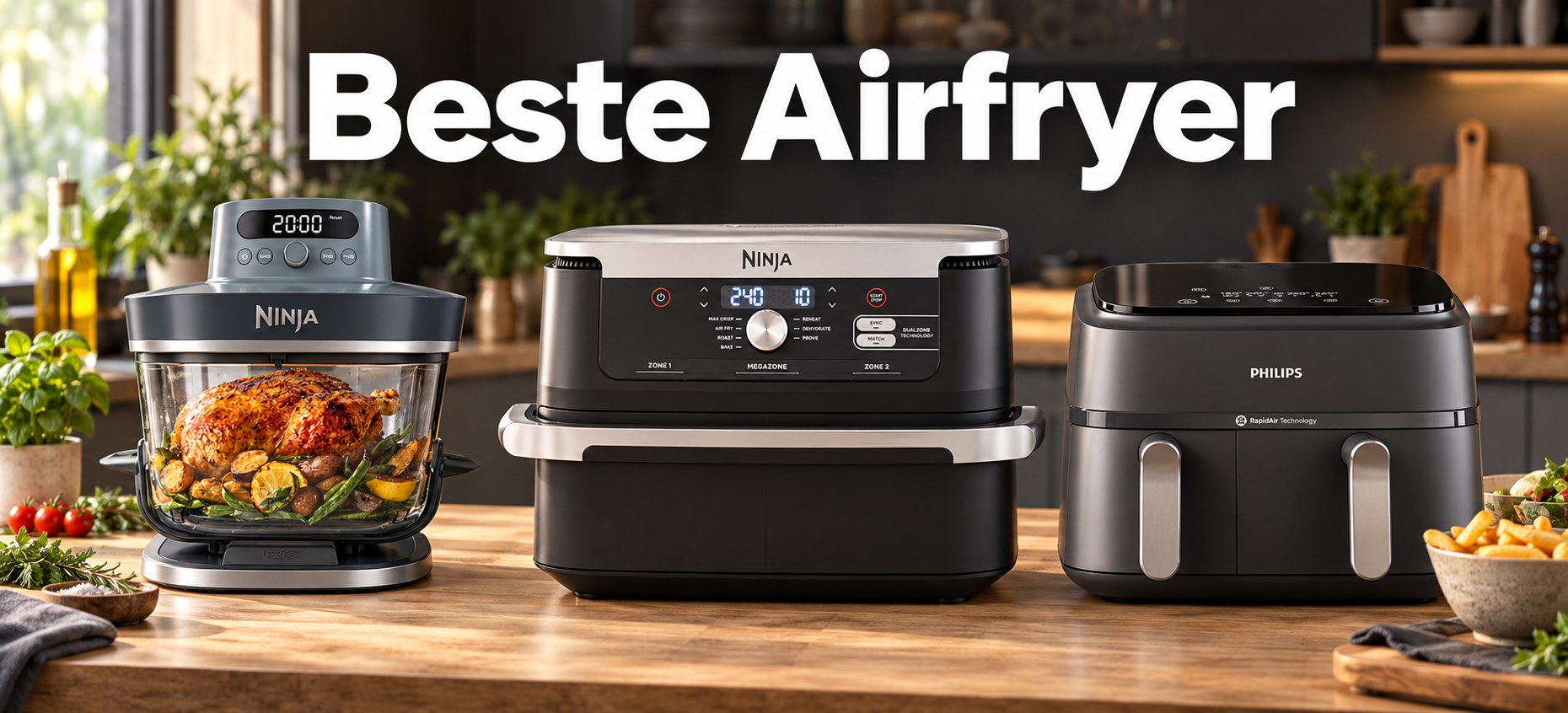Ninja CRISPi PRO, Ninja FlexDrawer en Philips dubbele Airfryer naast elkaar met de tekst Beste Airfryer