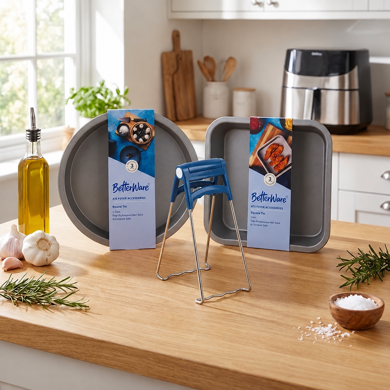 Airfryer bakplaten set 3 voor grote Airfryers: ronde, vierkante & Airfryer bakvorm lifter - Afbeelding 2