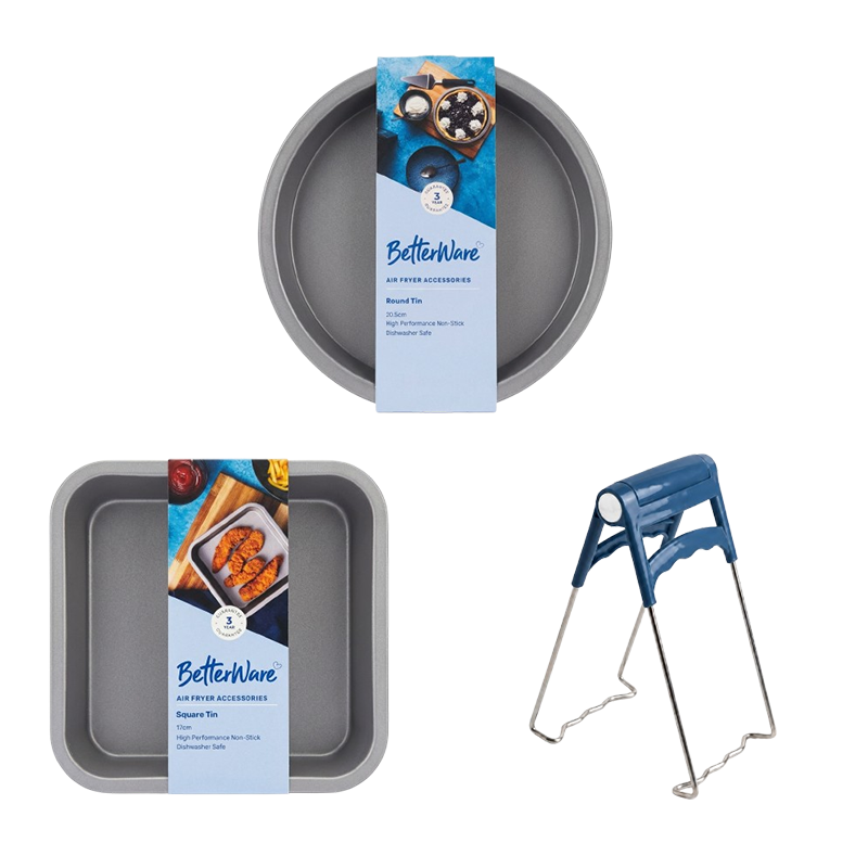 Airfryer bakplaten set 3 voor grote Airfryers: ronde, vierkante & Airfryer bakvorm lifter