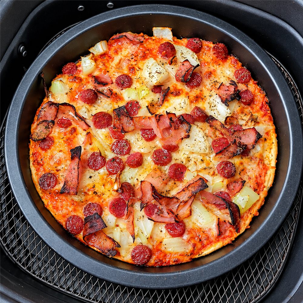 Pizza op een ronde bakplaat in de airfryer