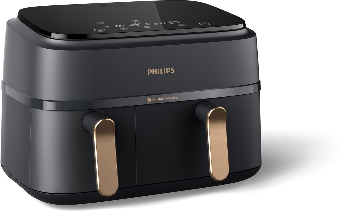Philips NA352/00 dubbele Airfryer met donkergrijze behuizing en koperkleurige handgrepen