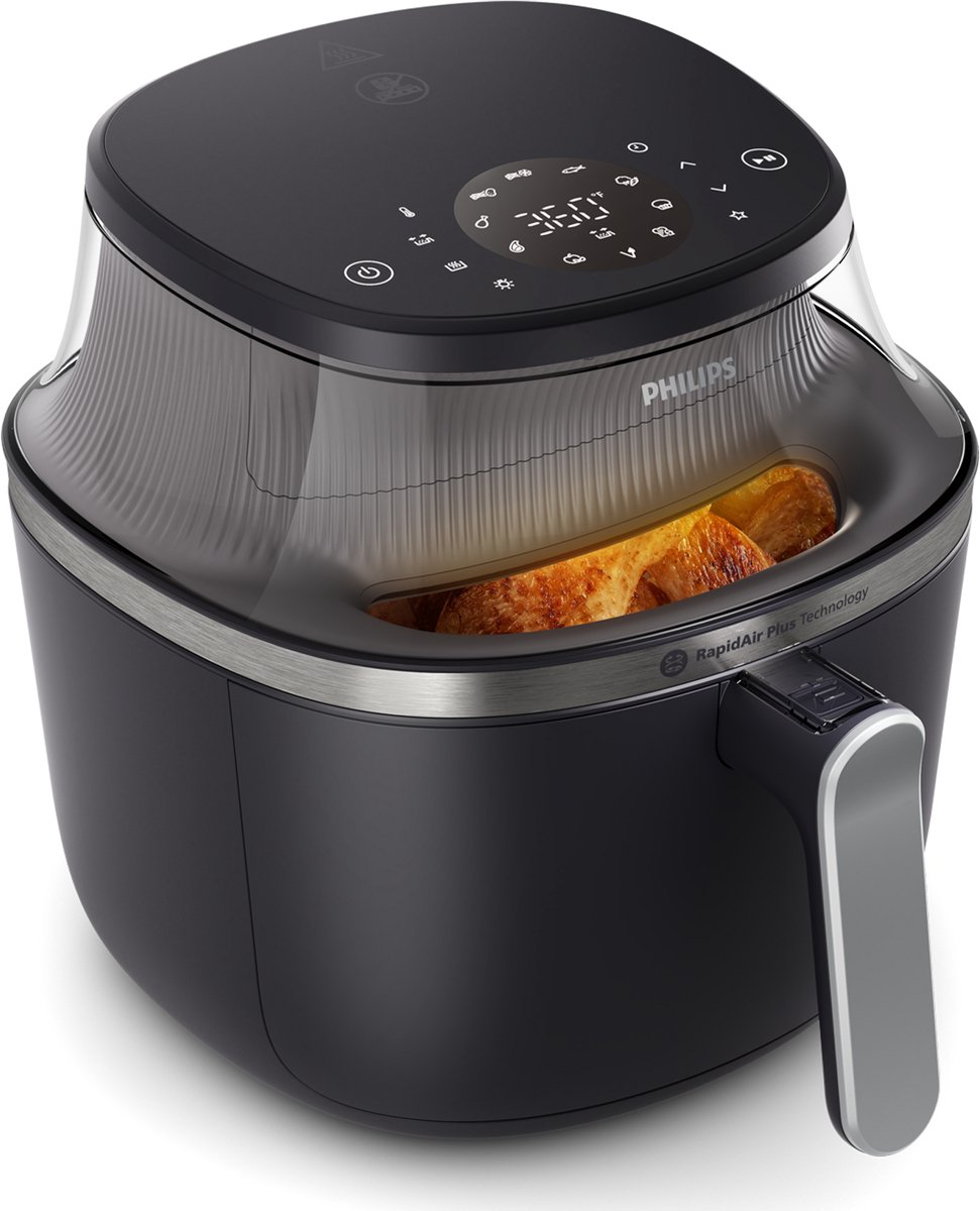 Philips NA321/00 Airfryer met digitaal scherm en kip zichtbaar door het kijkvenster