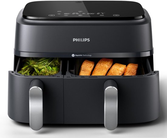 Philips NA351/00 met open manden, broccoli in de kleine mand en zalm in de grote mand