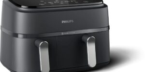 Philips 3000 Series Dual Airfryer NA351/00 met twee manden en zilverkleurige handgrepen
