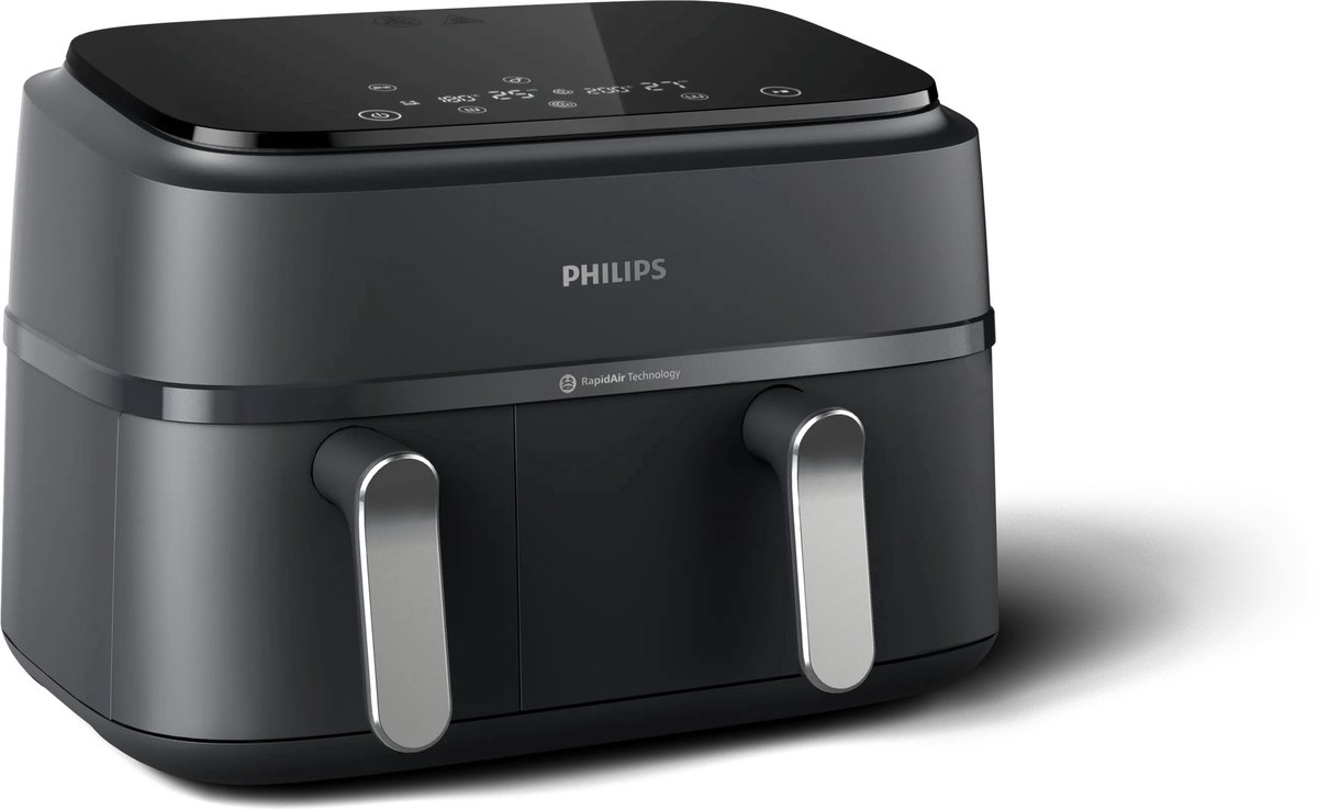 Philips 3000 Series Dual Airfryer NA351/00 met twee manden en zilverkleurige handgrepen
