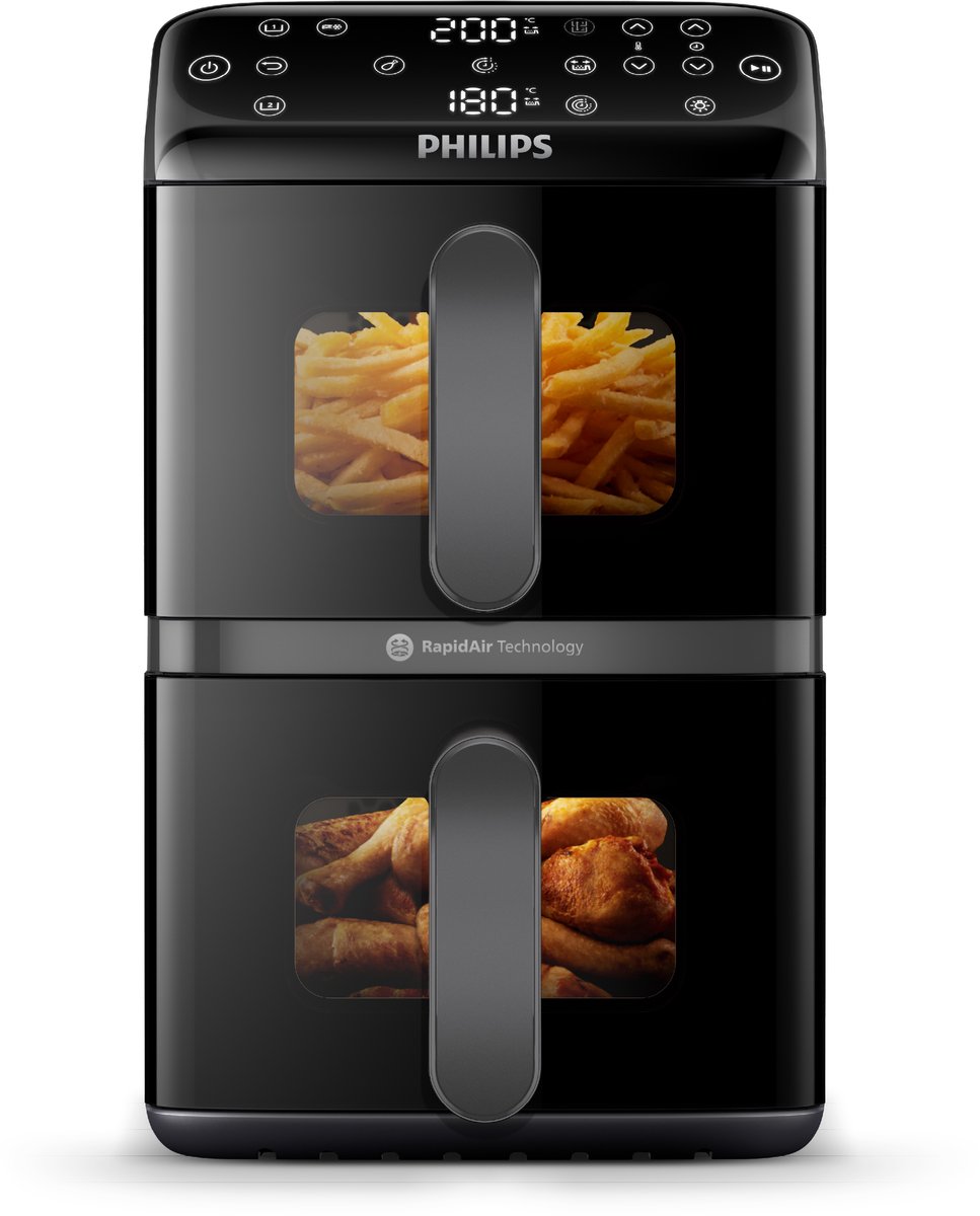 Vooraanzicht van de Philips NA460/00 met friet en kip in de twee Airfryer-manden
