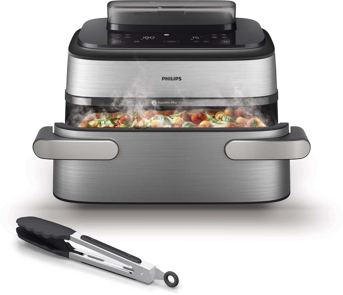 Philips Airfryer NA565/02 MegaBasket met stoomfunctie en eten in de ruime mand