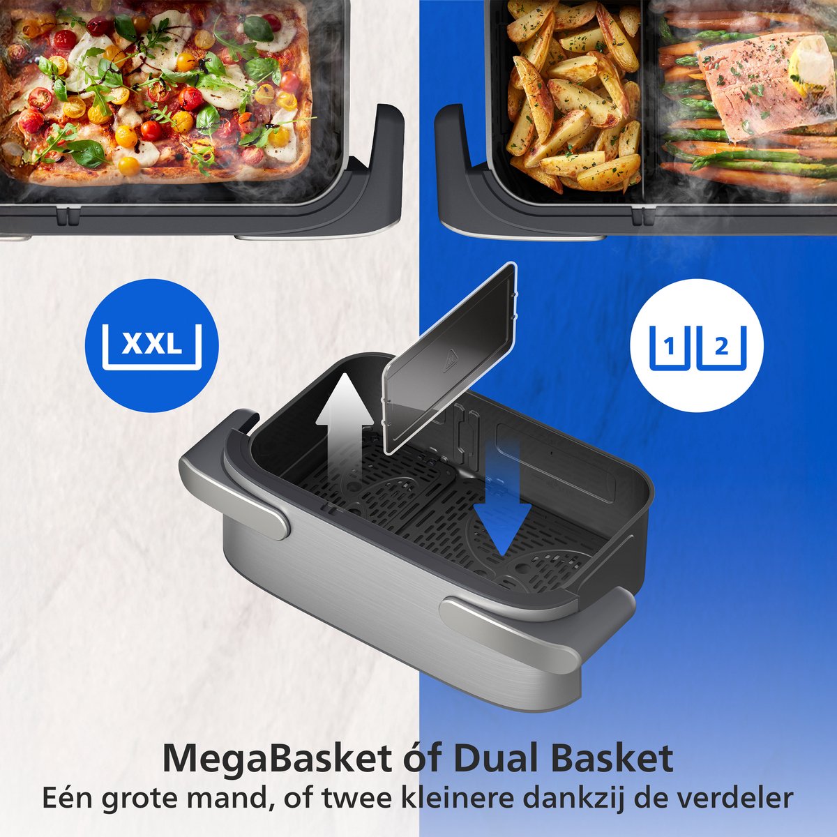 De flexibele Philips NA565/02 MegaBasket is als één grote of twee aparte manden te gebruiken
