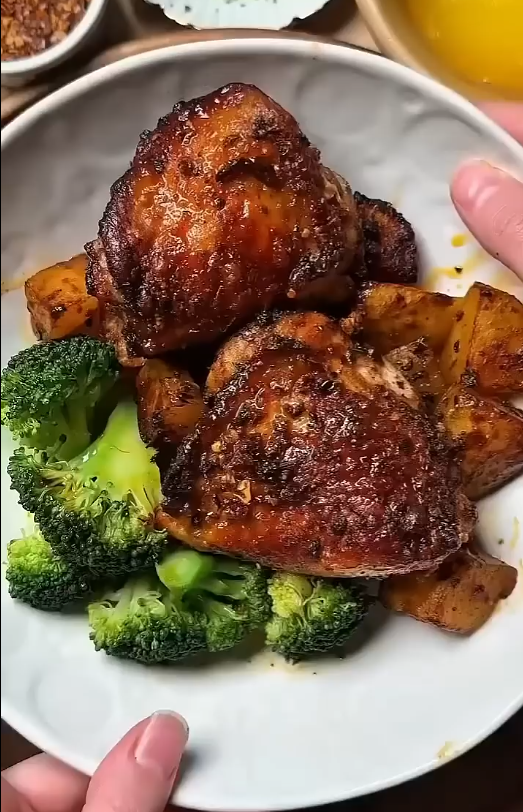 Krokante kippendijen met gebakken aardappeltjes en broccoli op een bord